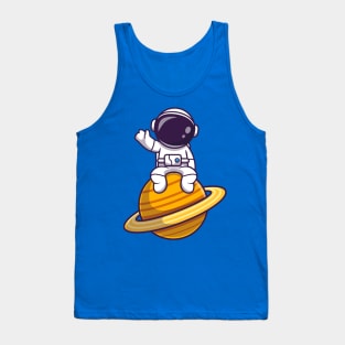 Astronaut Sitting On Planet And Waving Hand Cartoon Tank Top